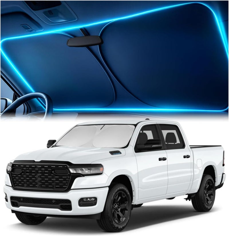 Autopect Windshield Sun Shade for Dodge RAM 1500 2019-2023 2024 2025 – Custom Fit Sun Shield with Mirror Cut‑Out, Blocks Heat & UV, Foldable with Storage Pouch - Dodge RAM Windshield Sunshade - Image 1